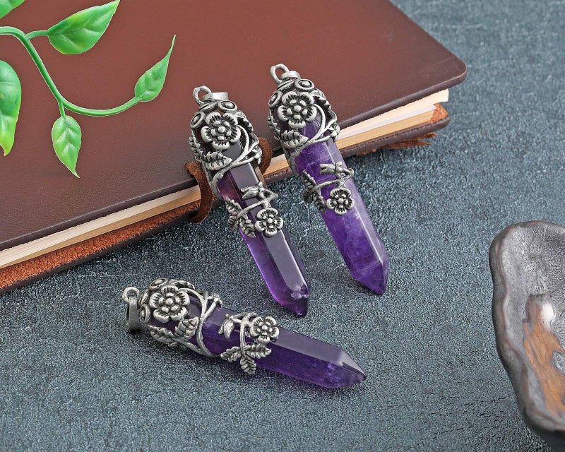 Top Plaza Antique Silver Flower Wrapped Natural Amethyst Healing Crystal Necklace - Image 2